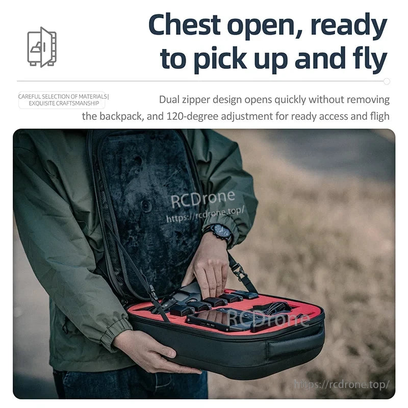 Mavic 3 Pro Storage Bag, Chest open, ready to pick up and fly. Dual zipper design for quick access and flight.