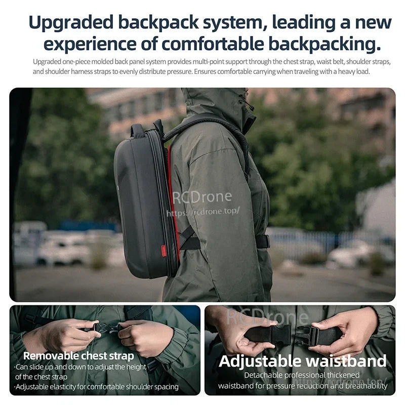 Mavic 3 Pro Storage Bag, Ergonomic backpack system with adjustable, removable straps and padded waistband ensures even pressure distribution and comfort for heavy, extended loads.