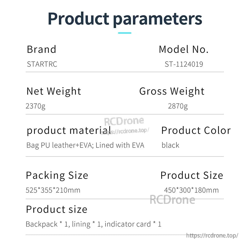 Mavic 3 Pro Storage Bag, STARTRC ST-1124019 black backpack, PU leather+EVA, 450×300×180mm, 2370g net, includes lining and card. Packed: 525×355×210mm, 2870g gross.