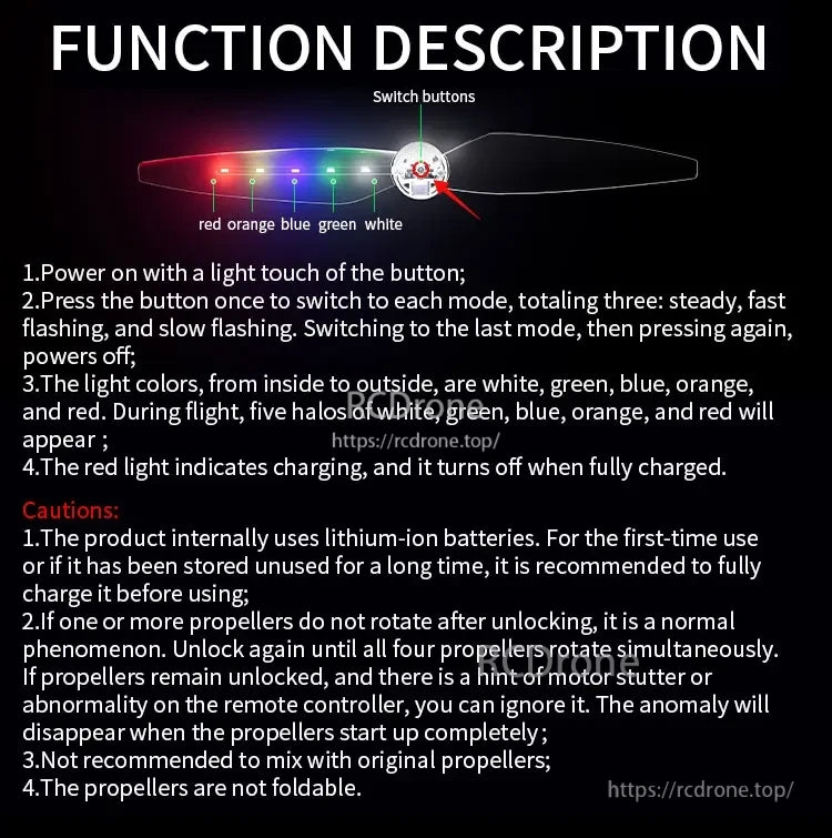 Mavic 3 propellers power via button, use light blinks for mode switching, show colored halos in flight, red indicates charging. Charge fully before first use; do not mix with original props; design is non-foldable.