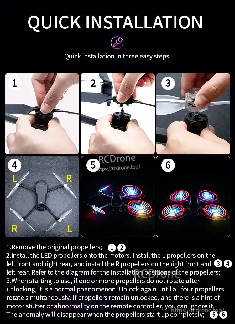 Mavic 3 Propeller, Install LED propellers by replacing originals with correct L/R props on designated motors; all should spin at startup—retry if one stalls initially.