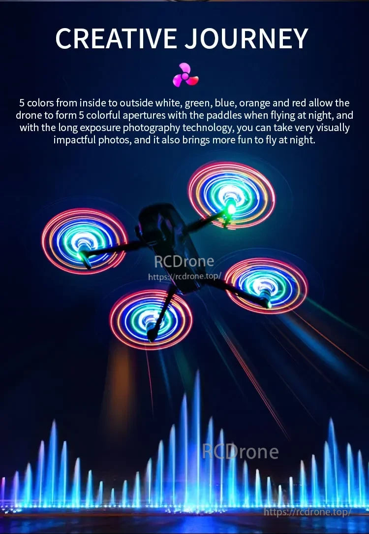 Mavic 3 Propeller, Drone available in five bright colors—white, green, blue, orange, red—perfect for night flights. Long exposure photography creates stunning visuals, enhancing the nighttime flying experience. (24 words)