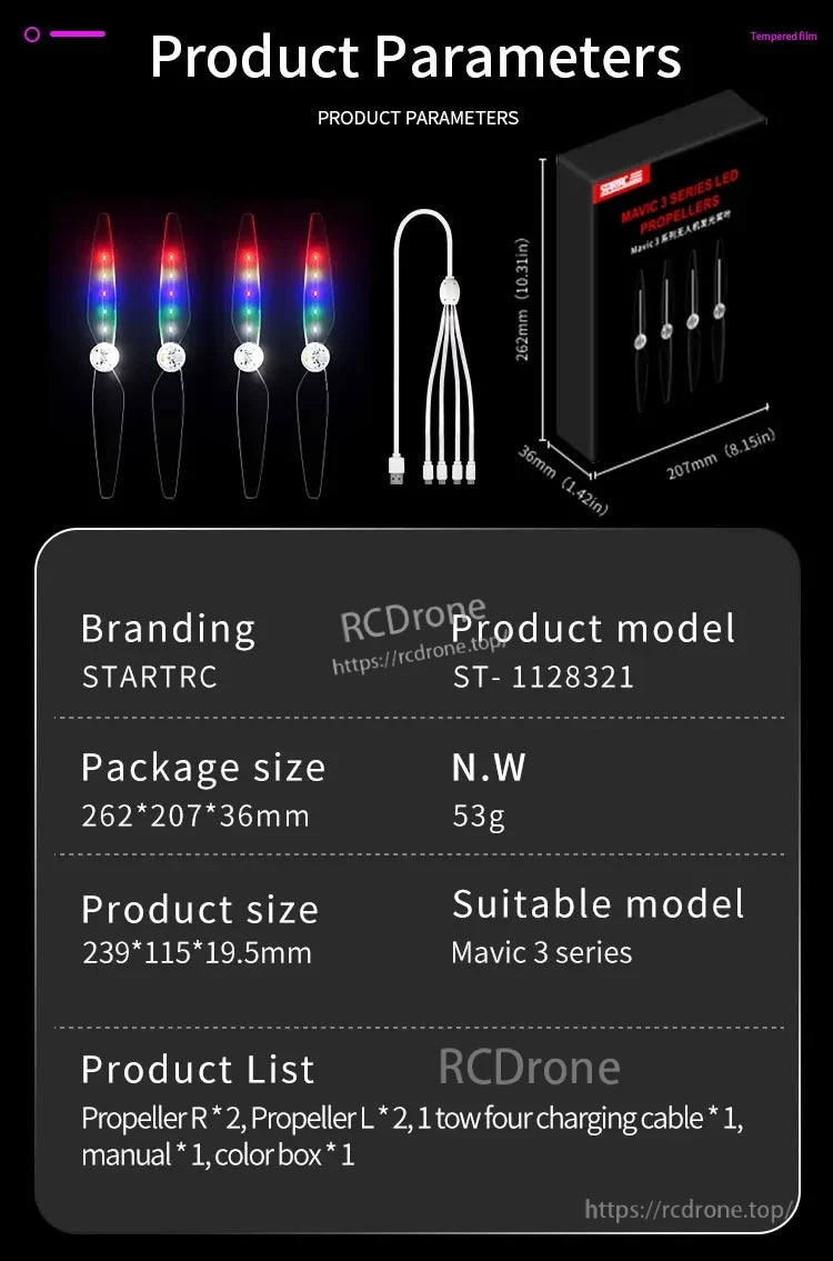 Mavic 3 Propeller, STARTRC ST-1128321 LED propellers for Mavic 3 series feature RGB lighting, include 4 props, USB-C cable, manual, and color box. Compact, authentic packaging; compatible only with Mavic 3.