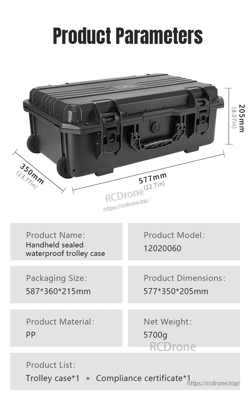 Mavic 4 Drone Case, Waterproof PP trolley case (577×350×205mm), model 12020060, weighs 5700g; includes case and compliance certificate.