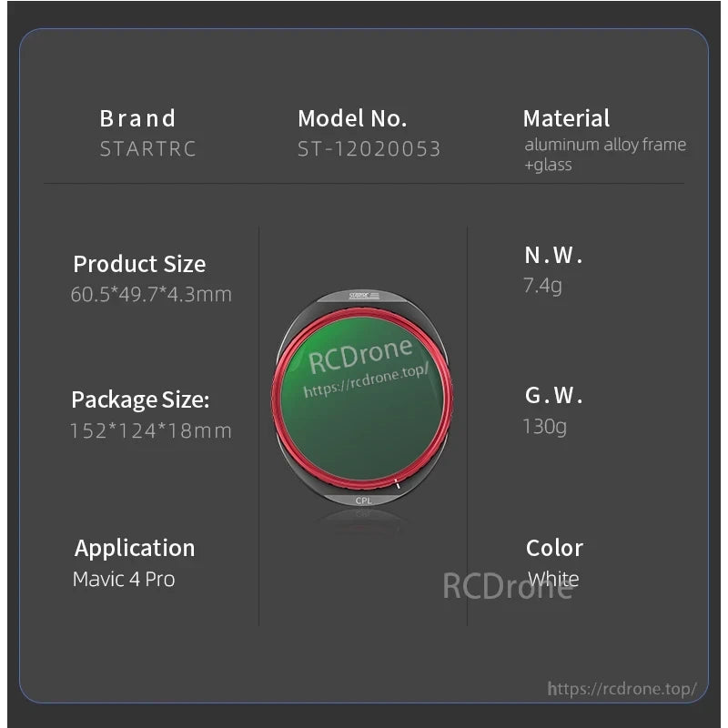 Mavic 4 Pro Filters, STARTRC ST-12020053 CPL filter made of aluminum alloy and glass, 60.5×49.7×4.3mm, white, weighs 7.4g, designed for Mavic 4 Pro.