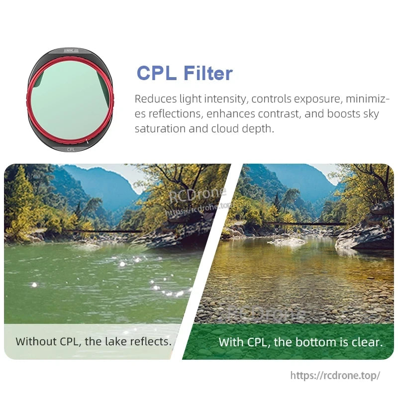 Mavic 4 Pro Filters, A CPL filter reduces glare, enhances sky color and cloud contrast, controls exposure, and minimizes reflections for improved image quality.