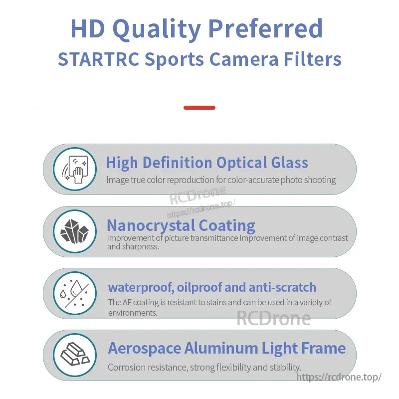 Mavic 4 Pro Filters, HD STARTRC filters use optical glass, nanocrystal coating, and aluminum frame for clear, durable, scratch-resistant performance in sports cameras. (24 words)