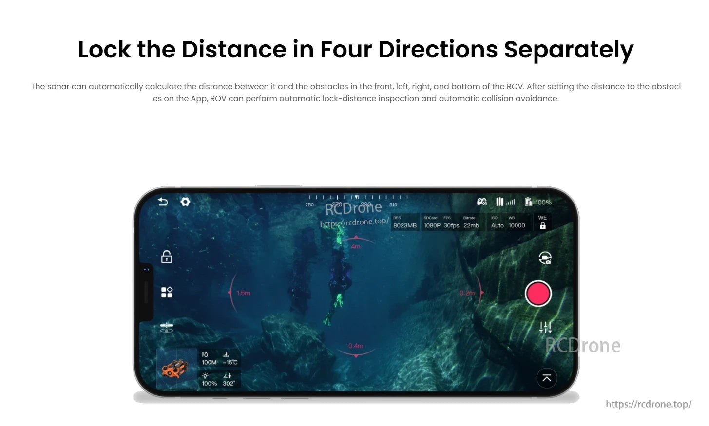 Mavic Distance Lock Sonar, Sonar measures distance in four directions, with app-controlled lock-distance, collision avoidance, and real-time data on depth, temperature, battery, and video.