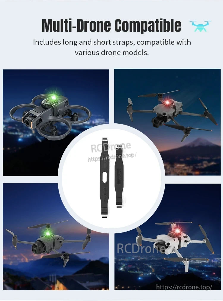 Mavic Mini Strobe Alarm, Multi-Drone Compatible. Includes long and short straps, compatible with various drone models.