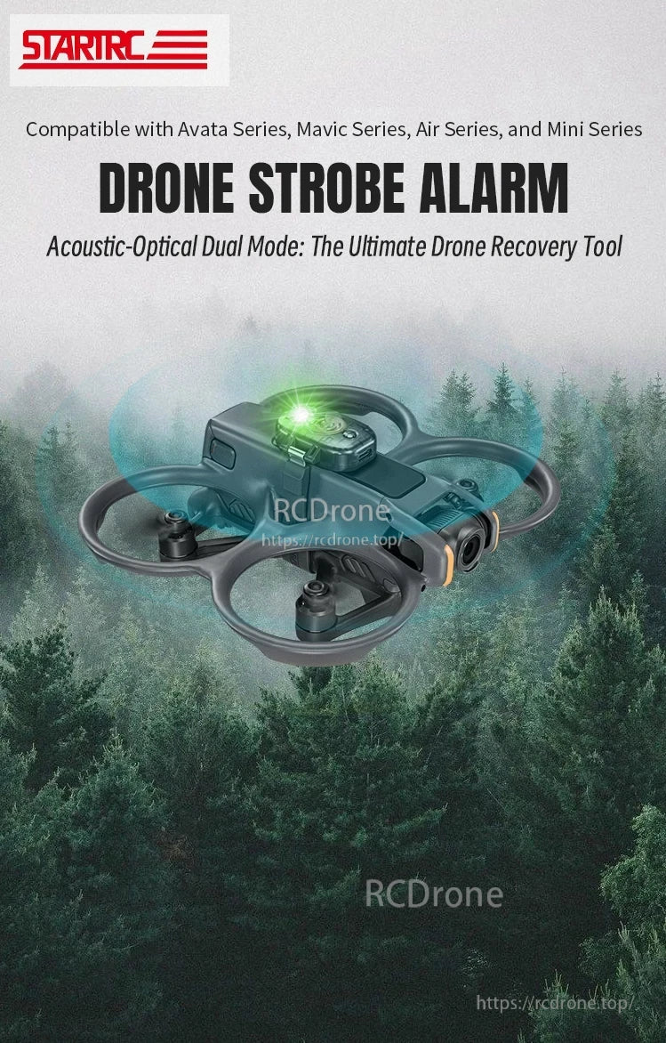 Mavic Mini Strobe Alarm, A drone strobe alarm for Avata, Mavic, Air, and Mini series, featuring acoustic-optical dual-mode signaling to aid in quick recovery and visibility.