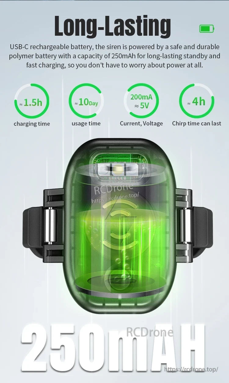 Mavic Mini Strobe Alarm, 250mAh USB-C battery: 1.5h charge, 10-day use, 200mA/5V, 4h chirp time.