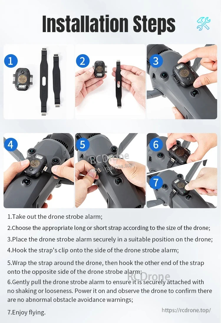 Mavic Mini Strobe Alarm, Attach strobe alarm to Mavic Mini in seven steps: remove, choose strap, attach, clip, wrap, secure, power on, and fly for safe, stable use.