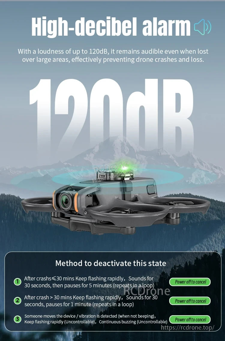 Mavic Mini Strobe Alarm, A 120dB alarm with flashing lights alerts drone crashes or movement; visible and loud, it only deactivates when powered off.