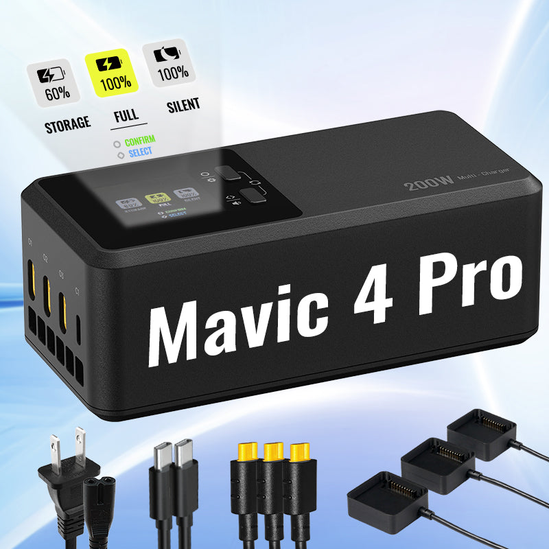 Mavic 4 Pro 200W charger features three battery ports, USB-C, LCD display, silent operation, and storage/full charge modes.