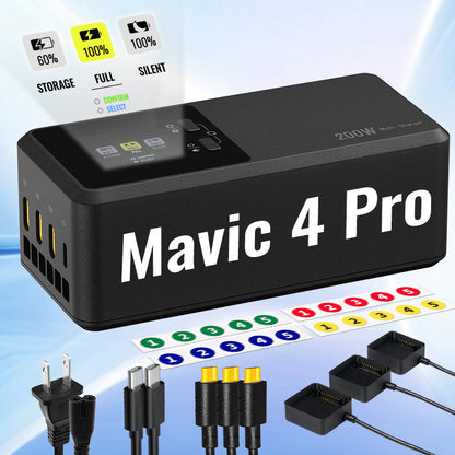 Mavic 4 Pro 200W charger features three color-coded battery ports, USB-C, LCD display, silent operation, and full status indicators.