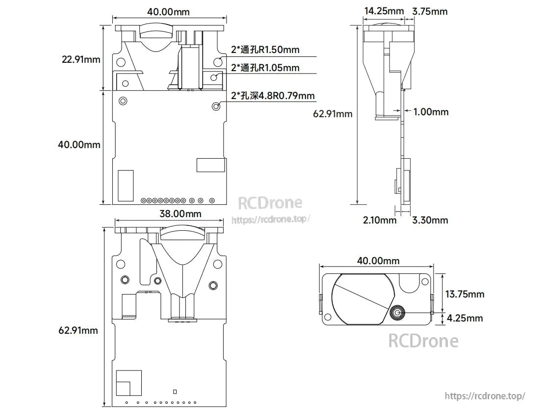 Meskernel LDJ-150 Green Laser Distance Sensor, Compact 62.91×40.00×38.00mm laser sensor with mounting holes, cutout, and internal details; measures up to 100m, ideal for precision systems requiring reliable, integrated distance sensing.