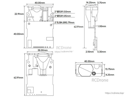 Meskernel LDJ-150 Green Laser Distance Sensor, Compact 62.91×40.00×38.00mm laser sensor with mounting holes, cutout, and internal details; measures up to 100m, ideal for precision systems requiring reliable, integrated distance sensing.