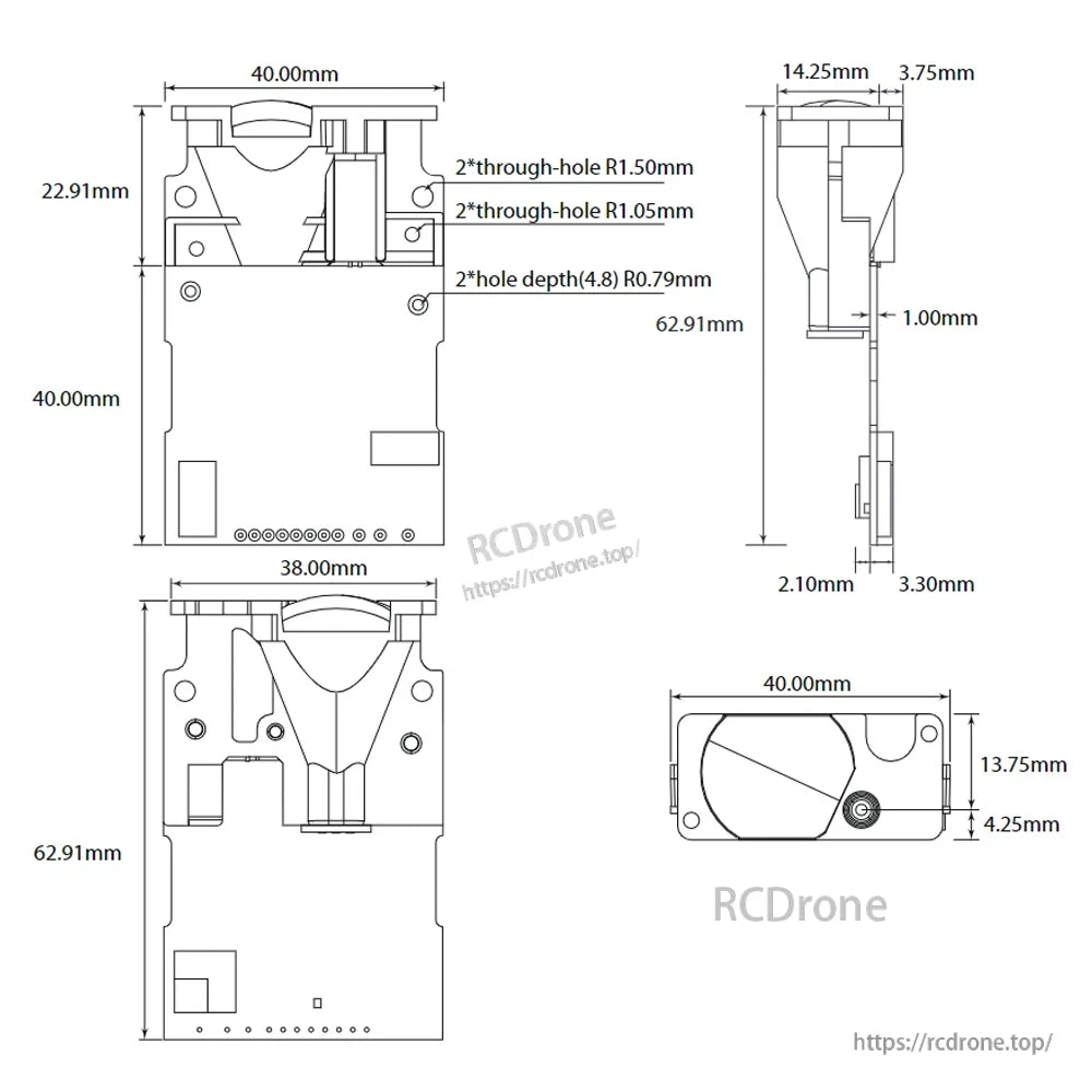 Meskernel LDJ-150 Green Laser Distance Sensor, Dimensions: 40.00mm x 62.91mm x 40.00mm; includes two R1.50mm and two R1.05mm through-holes, a 4.8mm deep hole (R0.79mm), and multiple mounting holes.
