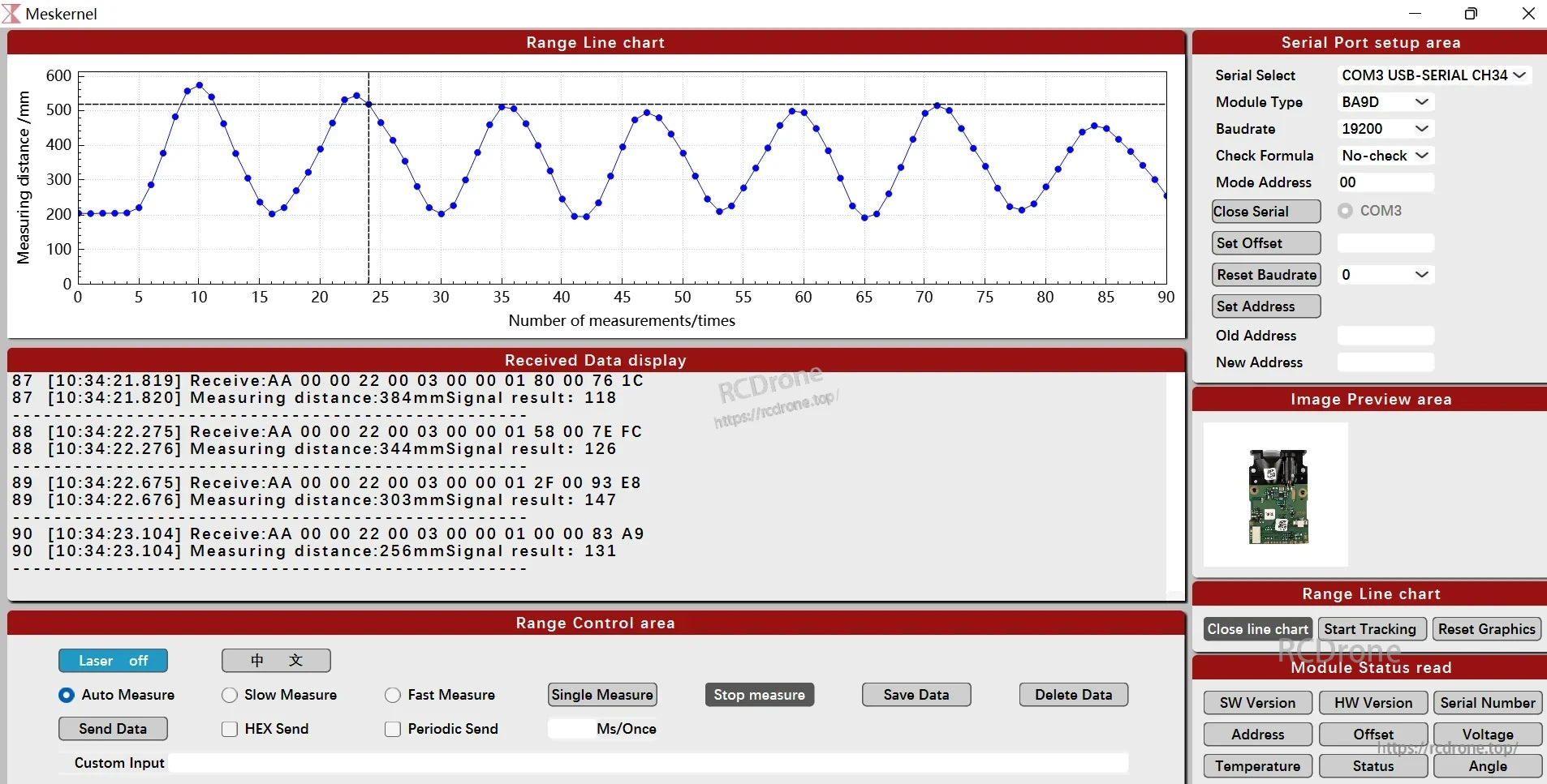 Meskernel LDJ-150 Green Laser Distance Sensor, The Meskernel LDJ-150 displays real-time distance, serial settings, logs, and status. It offers auto/single measurement, data saving, and graph tracking for performance monitoring.