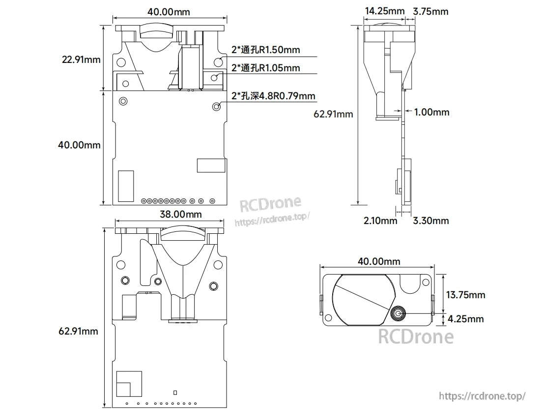 Meskernel LDJ-200 200m Laser Distance Sensor, Dimensions: 62.91mm height, 40.00mm width. Includes precise hole and internal structure measurements for accurate installation.