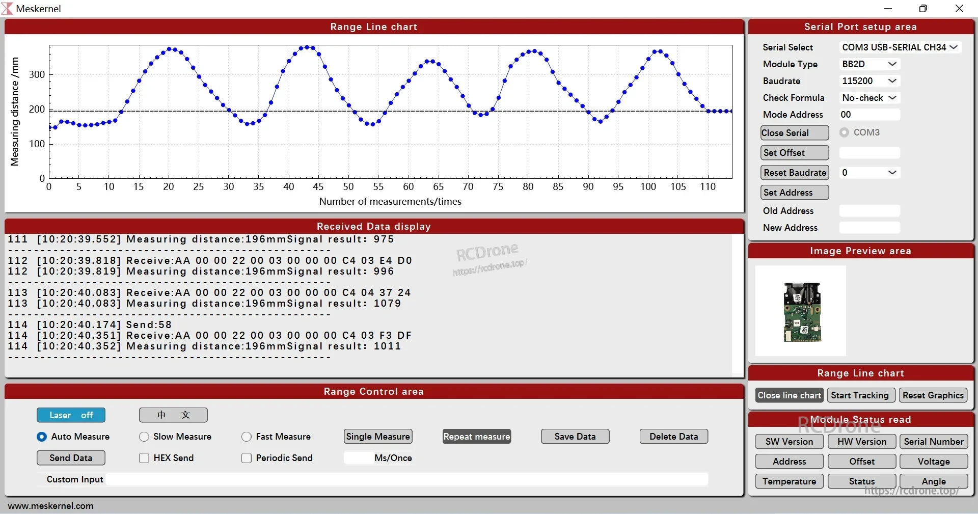 The Meskernel LDJ-70 laser sensor interface shows real-time distance, serial settings, logs, status, range chart, controls, and hardware info.