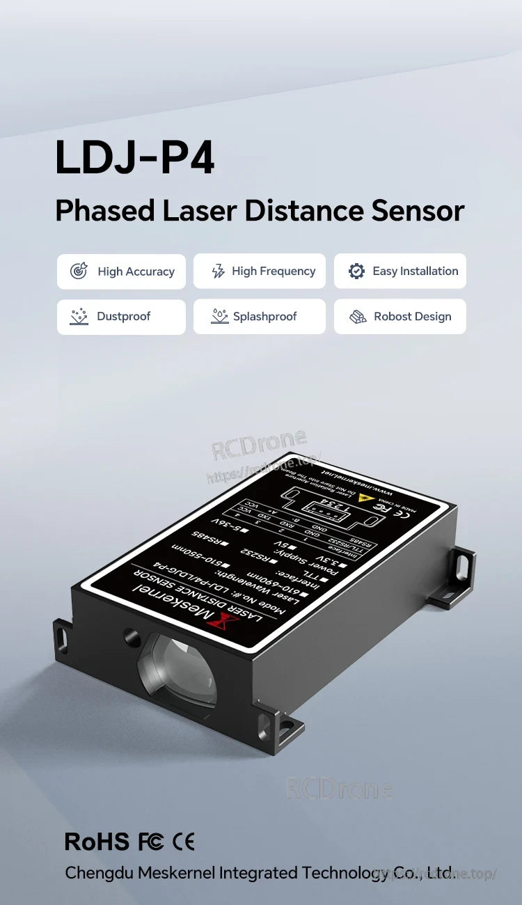 Meskernel LDJ-P4 Industrial Laser Distance Sensor, The LDJ-P4 phased laser sensor by Meskernel provides high accuracy, durability, dustproof/splashproof design, easy installation, RS232 interface, and RoHS, FCC, CE certifications.