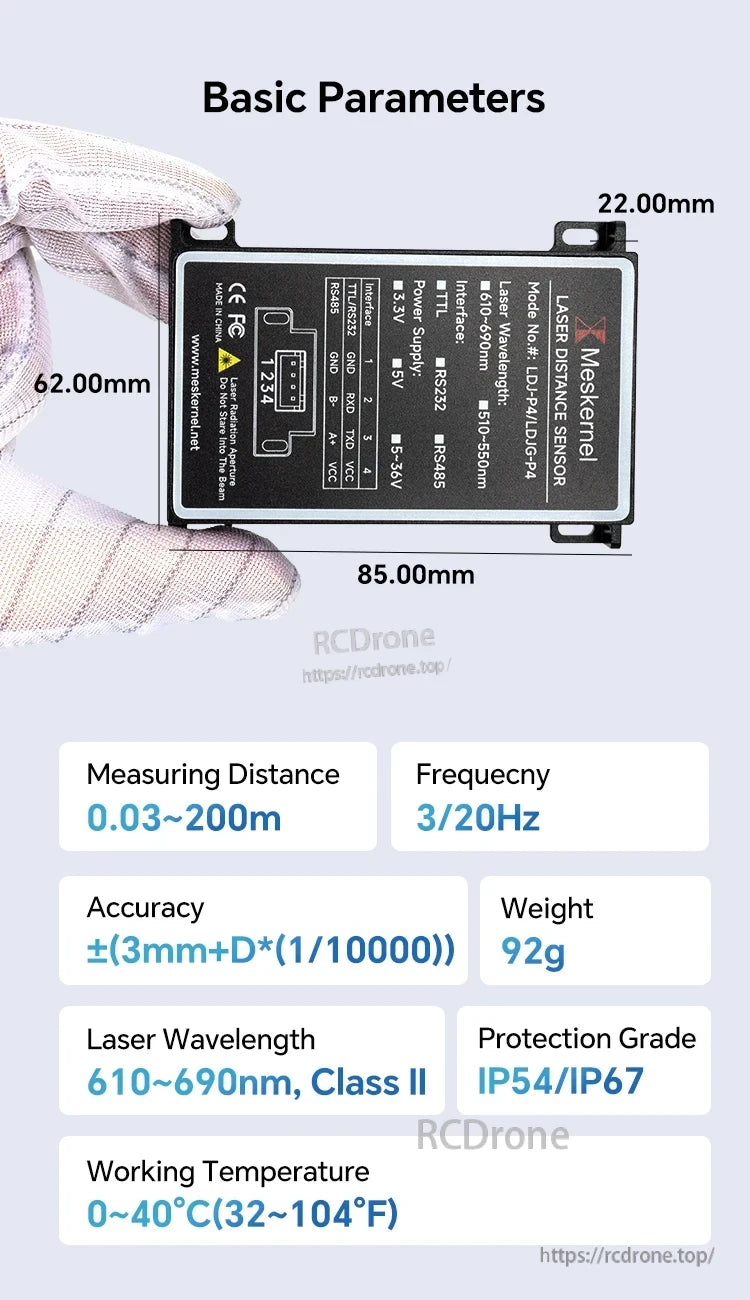 Meskernel LDJ-P4 Industrial Laser Distance Sensor, Meskernel LDJ-P4 laser sensor measures 0.03–200m with high accuracy, Class II laser, 3/20Hz frequency, IP54/IP67 rating, operates 0–40°C, weighs 92g, dimensions 85×62×22mm.