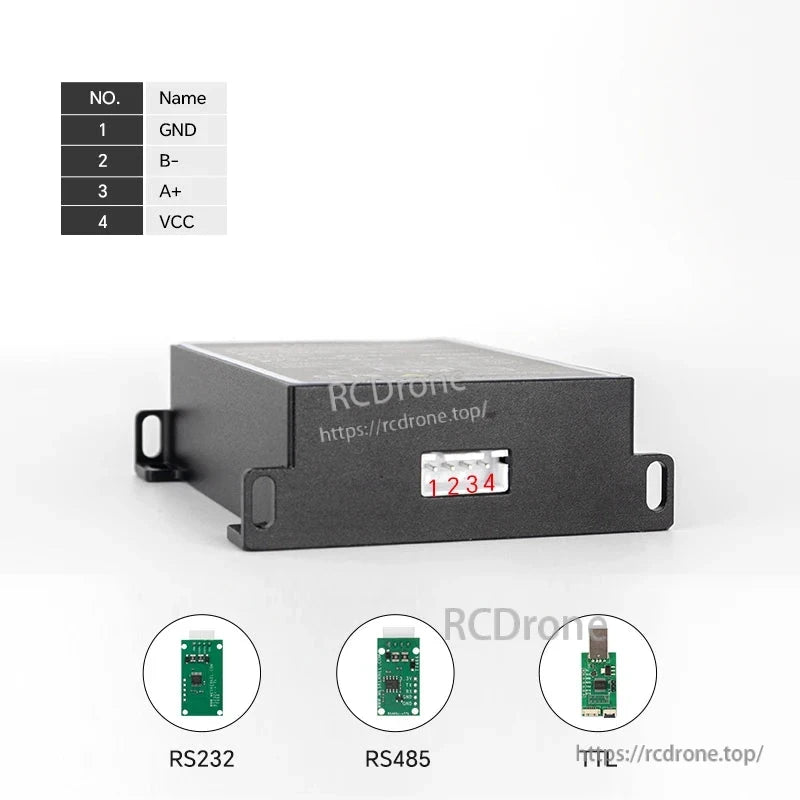Meskernel LDJ-P4 Industrial Laser Distance Sensor, Industrial laser sensor, 0.03–100m range, ±1–3mm accuracy, RS485, IP54 rated, 4Hz sampling, includes GND, B-, A+, VCC pins.