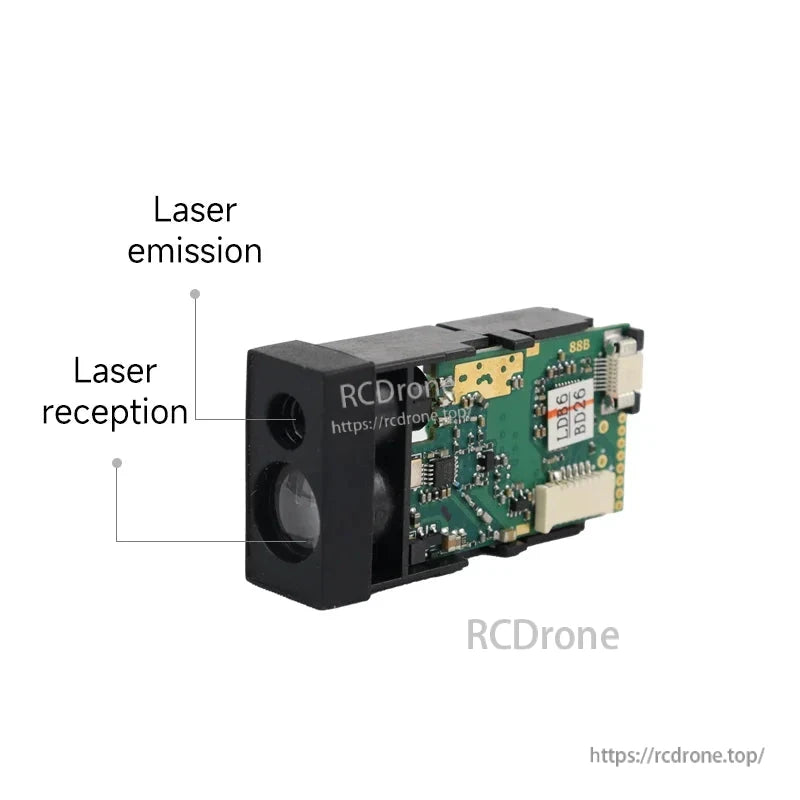 Laser distance meter module with emission and reception ports, ±2mm accuracy, 3Hz.