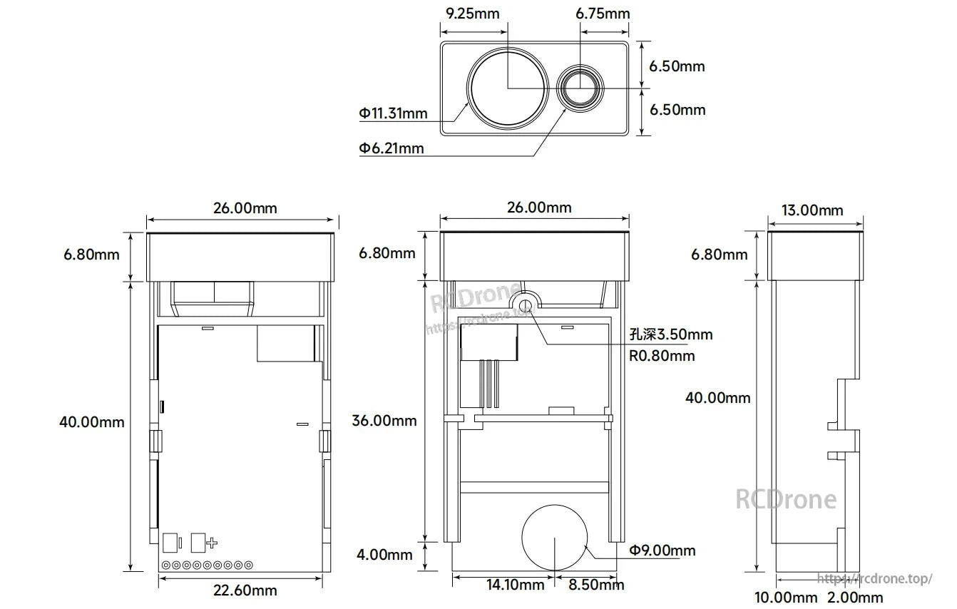 Meskernel LDK-60 Laser Distance Sensor, Meskernel LDK-60 laser sensor: 40×26×22.6mm, with Φ11.31mm and Φ6.21mm holes, 9mm circle, and 3.5mm deep hole (R0.8mm radius).