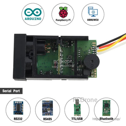 Compact laser distance sensor compatible with Arduino, Raspberry Pi, and MCUs; supports RS232, RS485, TTL/USB, and Bluetooth interfaces.