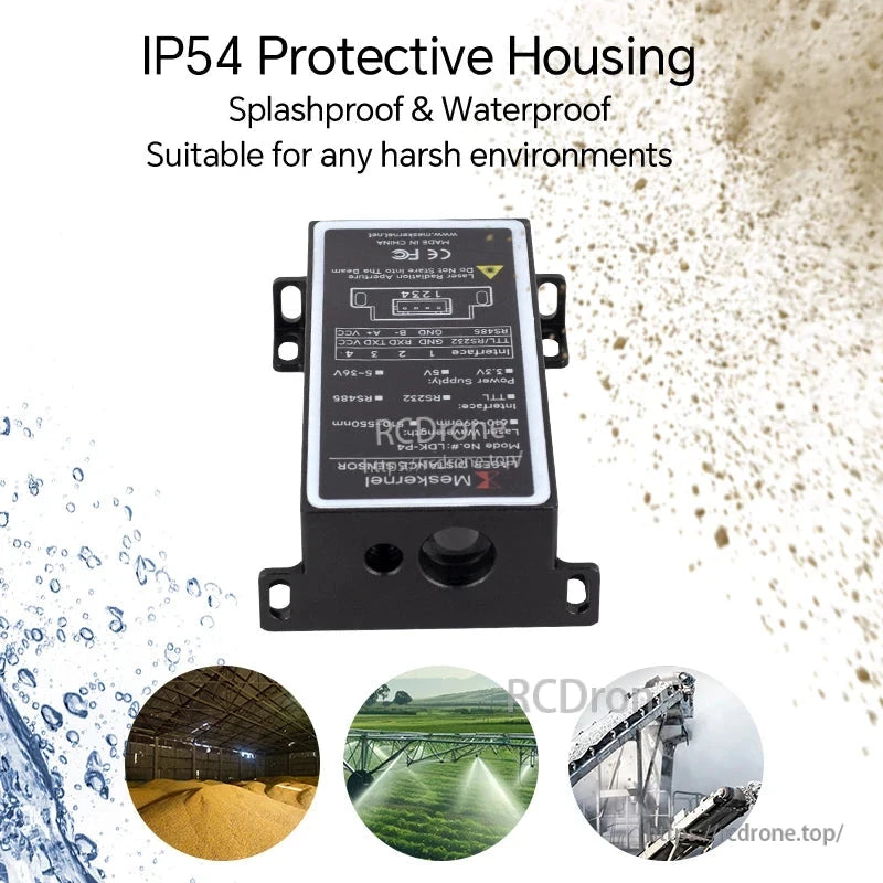 Meskernel LDK-P4-60 laser sensor offers 1–2mm accuracy, IP54 rating, 3Hz speed, 620–690nm wavelength, RS485/RS232, 5–24V power; ideal for harsh, wet industrial environments.