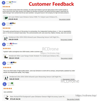 Users commend laser distance sensors for high quality, accuracy, fast communication, reliable performance, and excellent technical support.