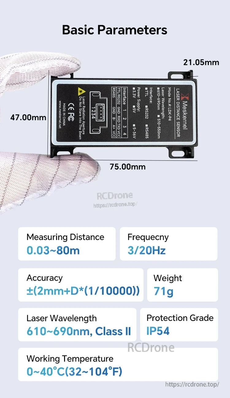 Meskernel LDK-P4-60 Laser Sensor, The Meskernel LDK-P4 laser sensor measures 0.03–80m with high accuracy, Class II laser, IP54 rating, lightweight design, and operates in various conditions.