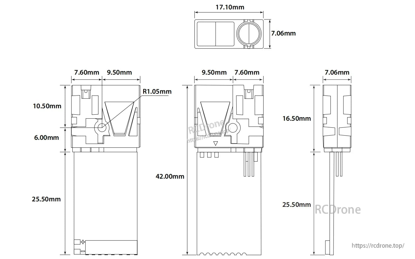 Meskernel LDL-10 Laser Distance Sensor, The LDL-10 laser distance sensor measures 42.00mm × 17.10mm × 25.50mm and includes detailed component dimensions.