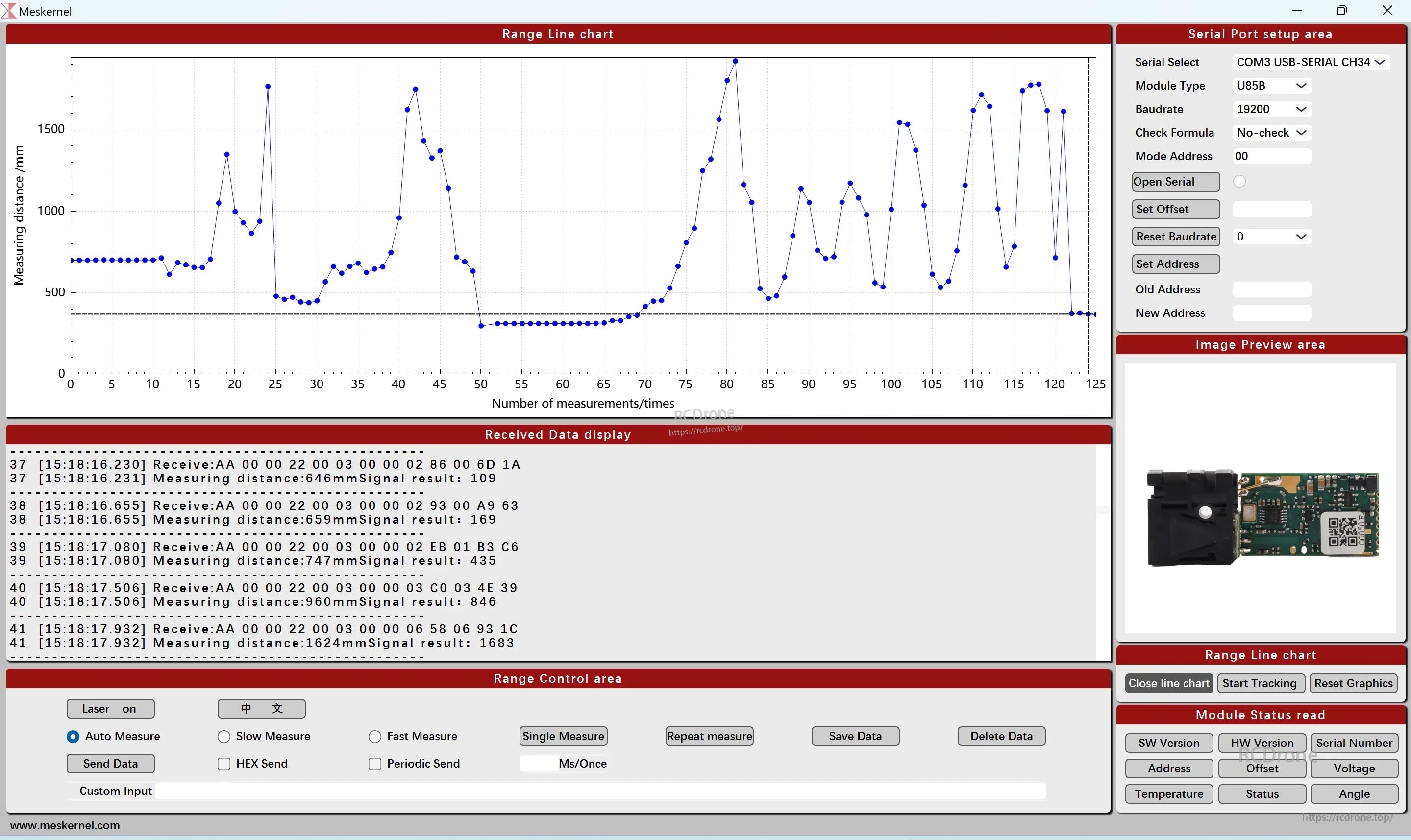 Meskernel LDL-10 Laser Distance Sensor, Laser sensor interface displays real-time range, status, and controls; features auto-measurement, data logging, distance graphs, and detailed logs.