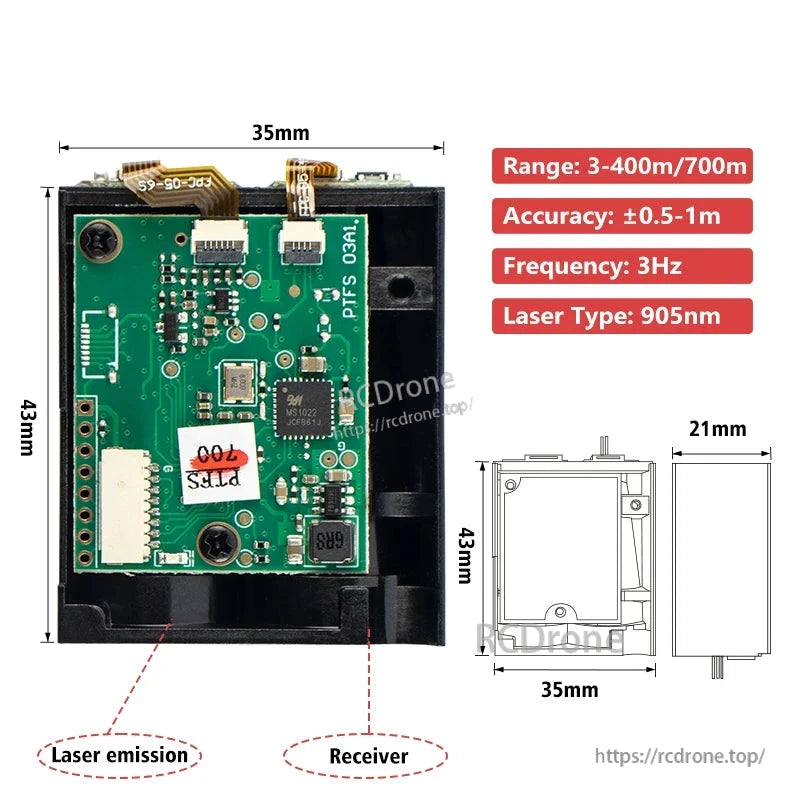 PTFS 03AL laser sensor: 35x43mm, 3–700m range, ±0.5–1m accuracy, 3Hz, 905nm. Compact with emitter/receiver, ideal for drones and UAVs. (24 words)