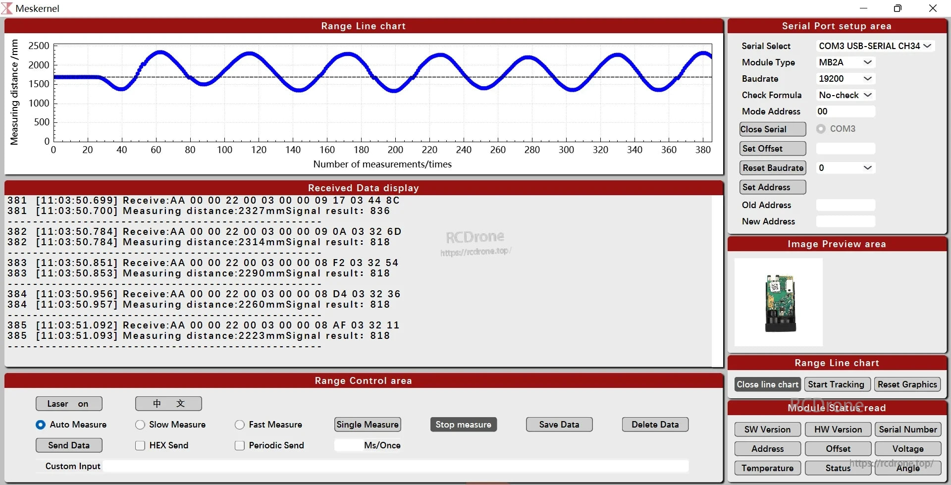 Meskernel TC Series Laser Distance Sensor, Laser sensor interface with real-time data, serial settings, status, range chart, log, controls, and preview image.