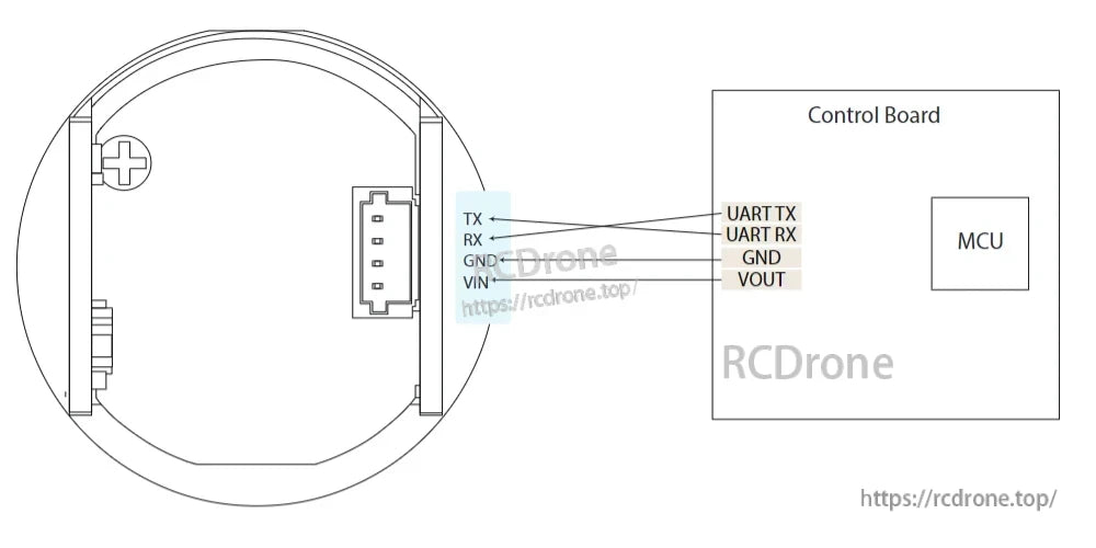 Meskernel TC22 1000m Micro Time of Flight Sensor, The Meskernel TC22 1000m ToF sensor connects to the control board using UART TX, RX, GND, VIN, and VOUT pins for communication and power supply.