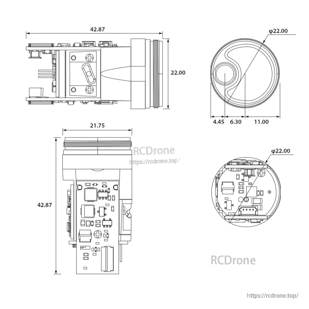 Meskernel TC22 1000m Micro Time of Flight Sensor, Meskernel TC22 is a compact 1000m TOF sensor with 905nm laser, circular design, measuring 42.87×22.00mm, featuring internal components for precise distance measurement.