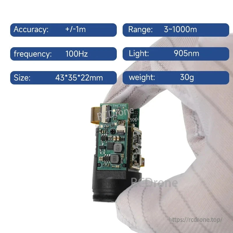 Meskernel TC22-400 Laser Distance Measuring Sensor, Laser sensor: ±1m accuracy, 3–1000m range, 100Hz, 905nm, compact 43×35×22mm, 30g.