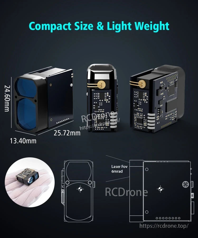 Meskernel TS1224 Laser Sensor, Compact, lightweight laser sensor (24.6×25.72×13.40mm) with 6mrad FoV for precise targeting.