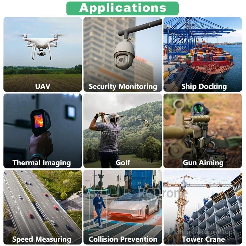 Used in drones, security, docking, thermal imaging, golf, aiming, speed measurement, collision prevention, and tower cranes.