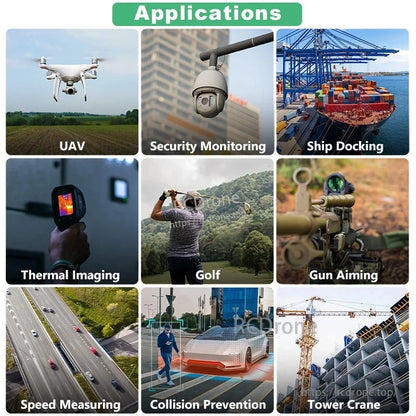 Used in drones, security, docking, thermal imaging, golf, aiming, speed measurement, collision prevention, and tower cranes.