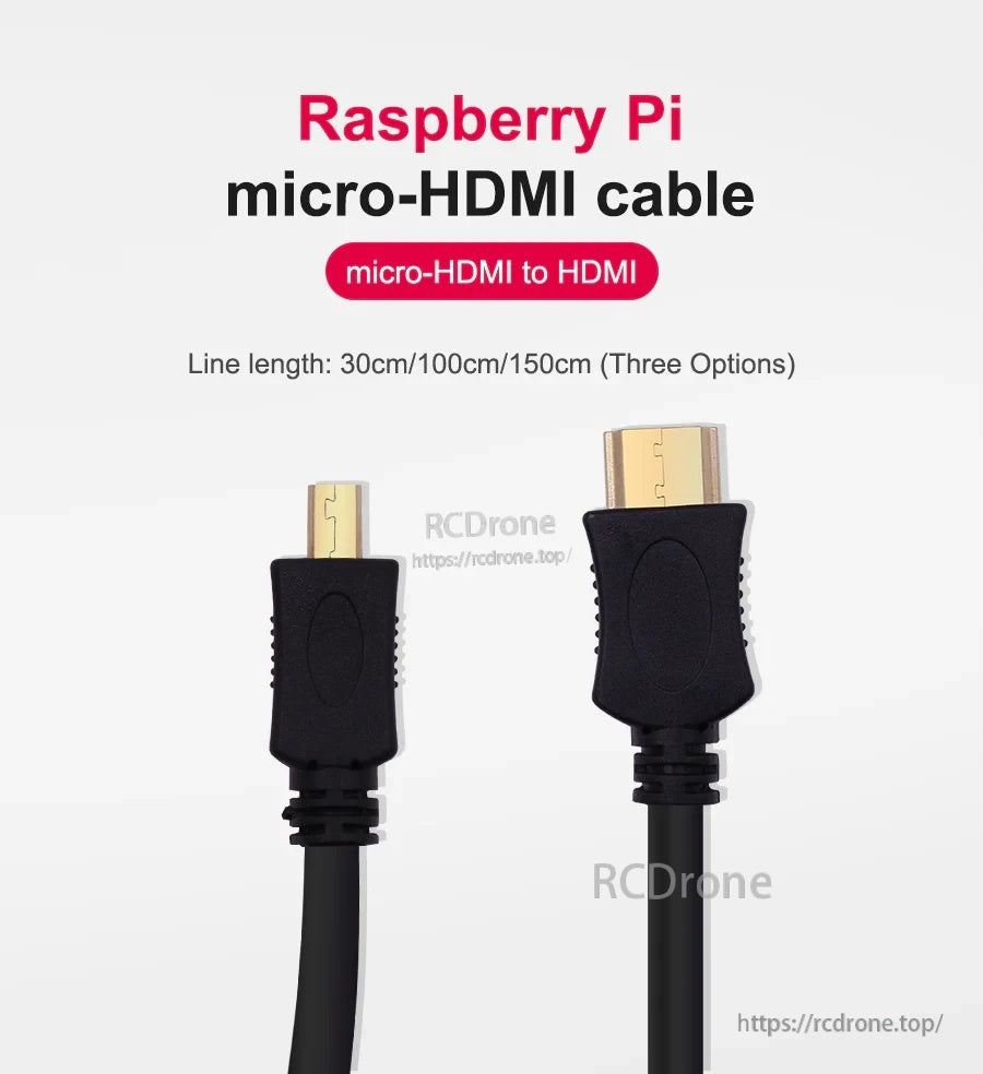 Micro-HDMI to HDMI cable with gold-plated connectors for Raspberry Pi 5 and Raspberry Pi 4B display output