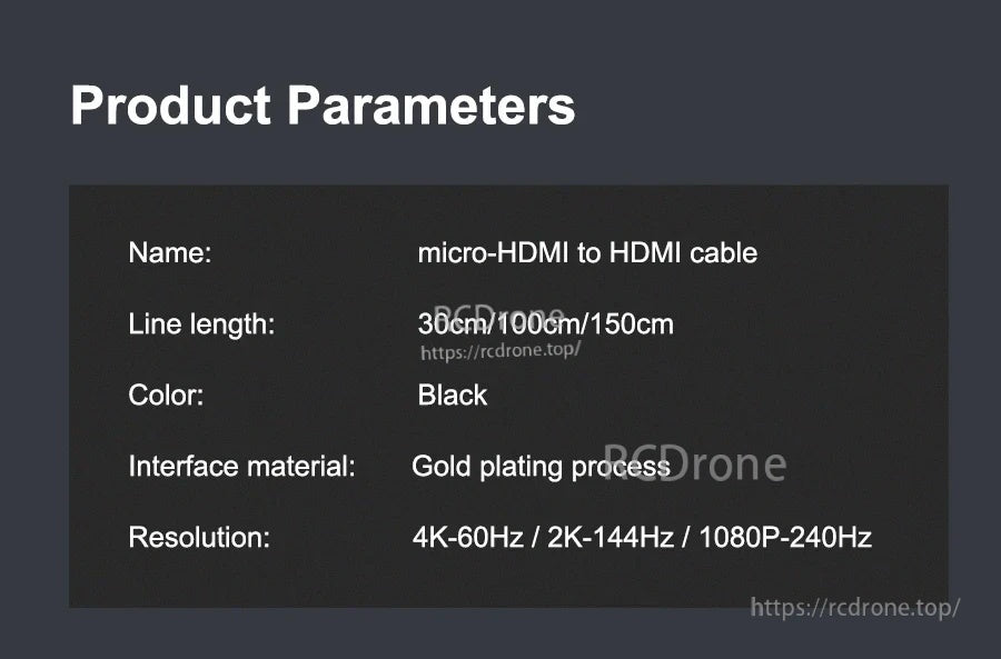 Product parameters graphic listing black lengths 30/100/150 cm and supported resolutions
