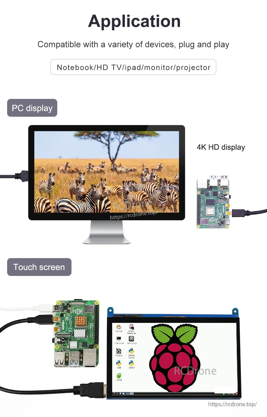 Application examples connecting Raspberry Pi to PC monitor and touch screen for 4K HD display use