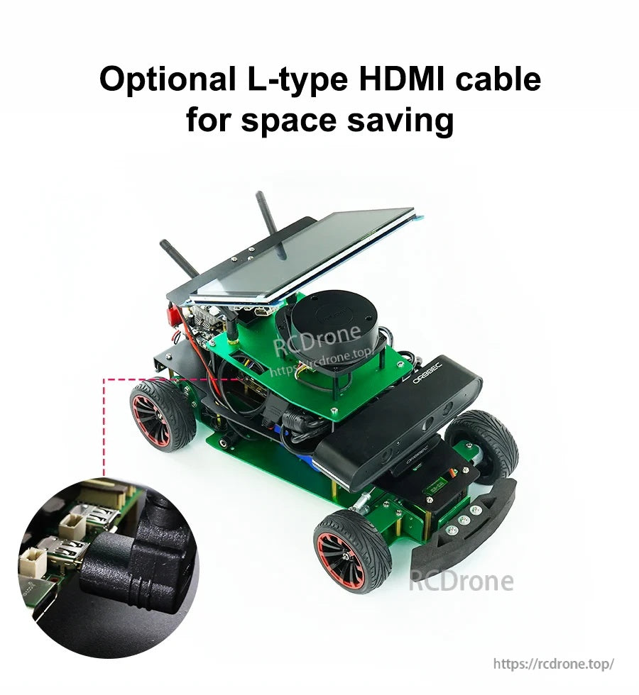 RC car build using optional L-type right-angle micro-HDMI to HDMI cable for space-saving cable routing