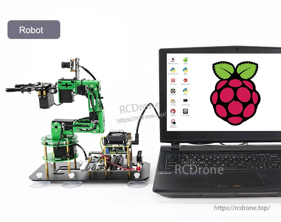 Robotics setup with Raspberry Pi connected via HDMI cable to a laptop for development and testing