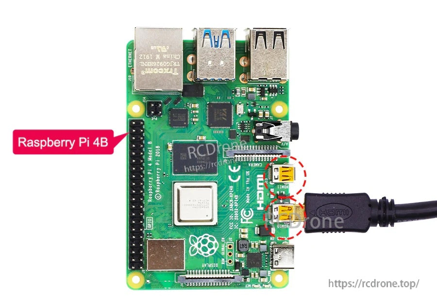 Raspberry Pi 4B micro-HDMI ports highlighted with micro-HDMI plug inserted for monitor connection